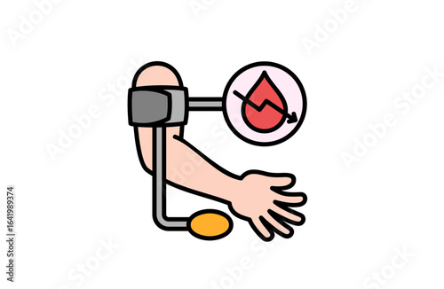 Cartoon illustration shows a woman checking her blood pressure. For health concept, medical supplies, social media.