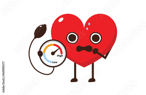 Cartoon heart checks blood pressure, looking worried. Perfect for educational materials, health awareness, and presentations.