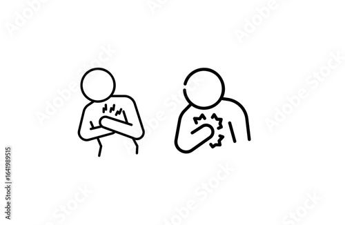 Line art depicts chest pain; heart attack symptoms. For medical, healthcare presentations.