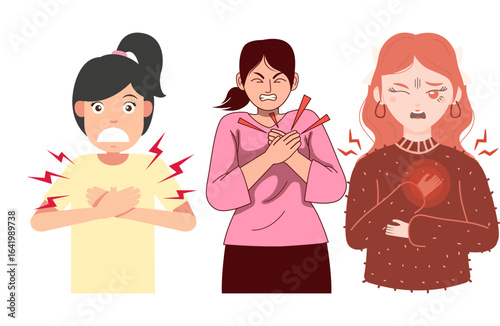 Women experience chest pain. Cartoon showcases heart attack symptoms, blood pressure issues. For health content, social media.