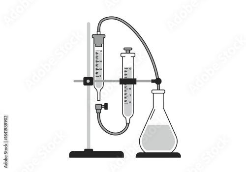 Chemical Experiment Setup with Flask and Burettes Illustration