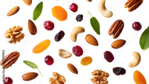 Fototapeta Naklejka Na Ścianę i Meble -  Falling nuts and dried fruits isolated on white background