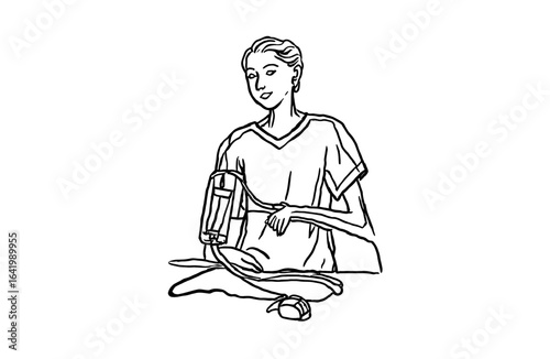 Sketch illustration shows woman checking her blood pressure at home. Healthcare visual for social media.