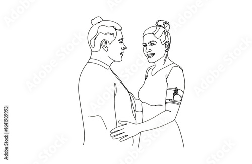 Minimalist line art shows woman checking blood pressure with partner. Concept for health monitoring, branding, social media.