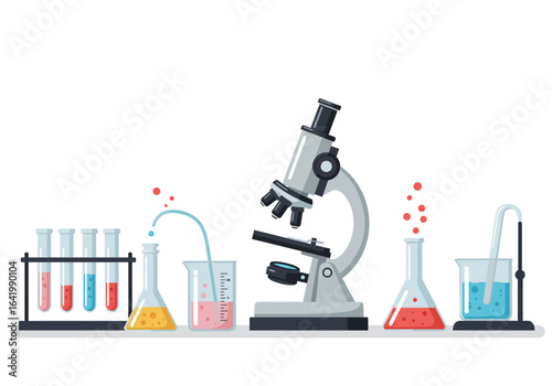 Scientific Laboratory Equipment: Microscope, Beakers, and Test Tubes Illustration