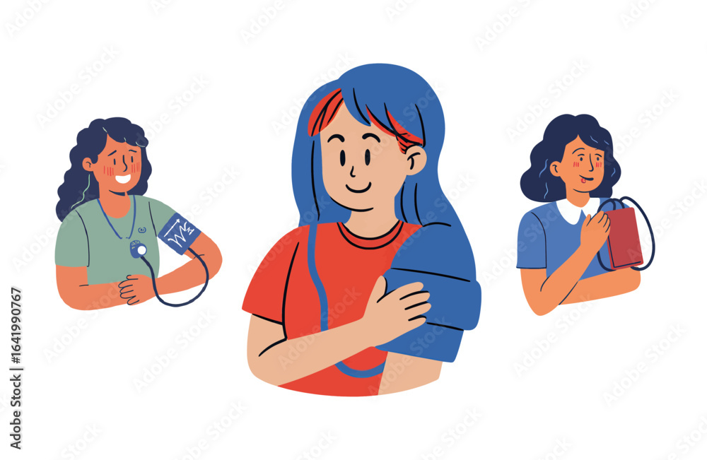 Fototapeta premium Cartoon illustration shows women checking blood pressure. Useful as an educational material, poster, and social media.