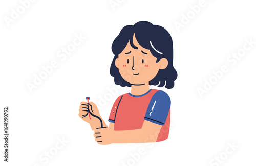 Cartoon style illustration shows a woman checking her blood pressure for health education use.