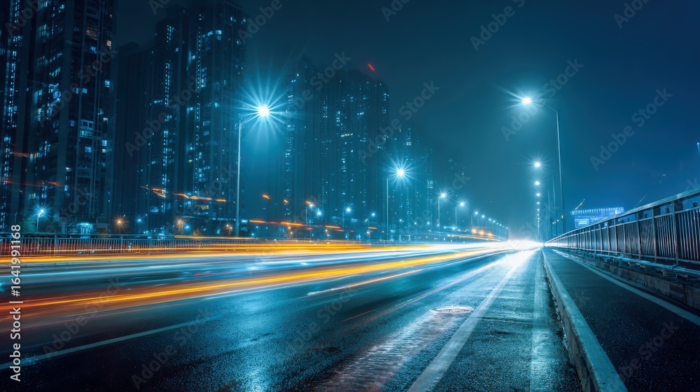 Obraz premium City Nightscape with Light Trails: Urban Mobility and Modern Transportation Concept