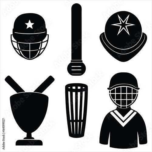 Collection of cricket sports equipment icons in silhouette style