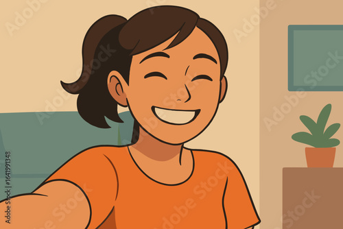 A simple, eye-catching cartoon illustration of a young, friendly girl with a warm smile, radiating positivity and joy, captures a moment of genuine happiness in 'Portrait of Cheerful Girl
