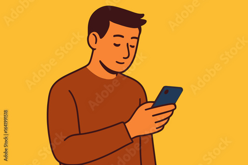 Young Pakistani or Indian businessman with handsome dark skin, wearing a sweater in a modern casual style, is engaged in a busy phone call, depicted in a vector flat style cartoon illustration set