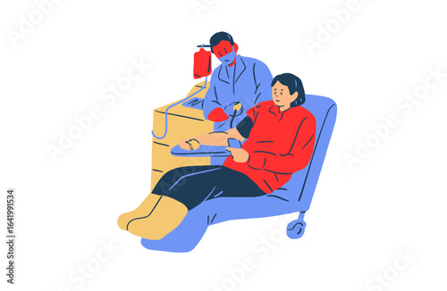 Stylized illustration of a woman getting her blood pressure checked. Health awareness use case.