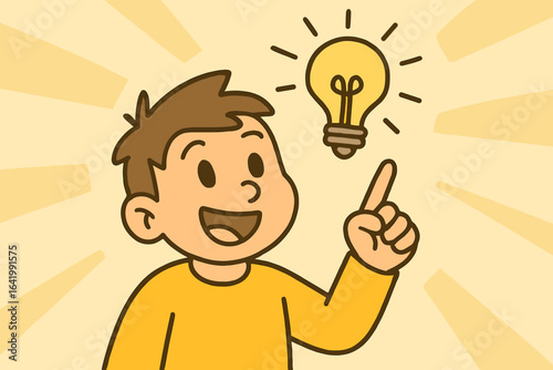 Vector illustration of a creative genius, a young man with a light bulb, thinking and generating a perfect idea, symbolizing a bright concept
