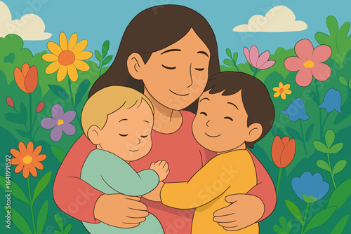 A loving mother tenderly consoles her two daughters in a heartfelt instant, embodying compassion and understanding, and encapsulating a peaceful and sentimental family connection