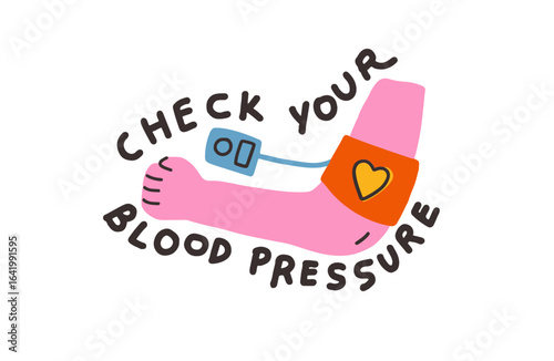 Pink arm graphic shows checking blood pressure. Health, branding, social media.