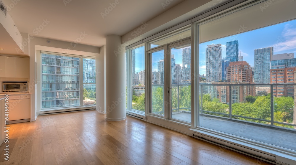 Obraz premium Modern High-Rise Apartment Interior with City View, Featuring Hardwood Floors and Natural Light, Ideal for Urban Living