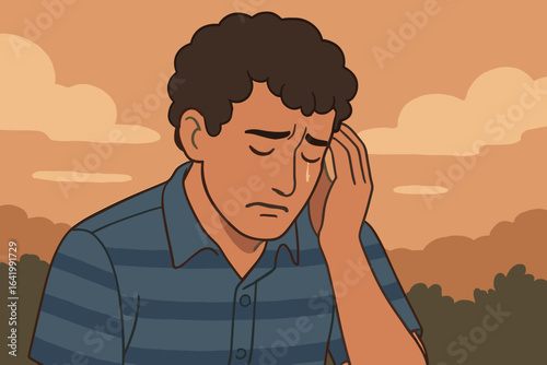 The image depicts a youthful person with curly hair in a moment of sorrow, conveying authentic human emotion and vulnerability, embodying the intricacy of human sentiments and encounters