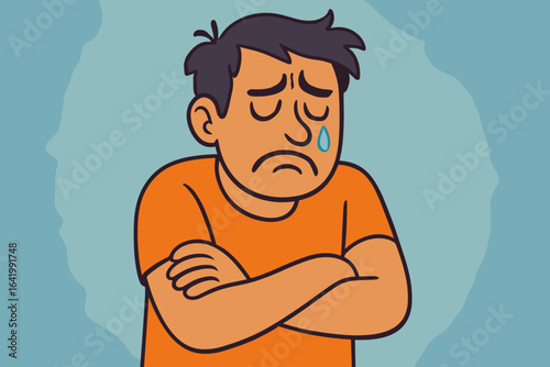 A flat vector character is depicted crying and clutching its shoulder, conveying vulnerability and acceptance