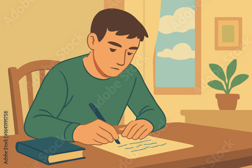 A man sits at his desk, pouring his heart out in a love letter, filled with romance and passion