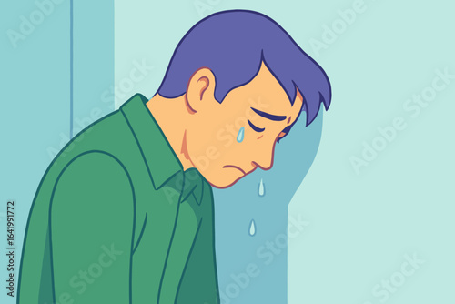 A detailed portrait of a man with a sorrowful face, conveying emotions of sadness, introspection, or inner turmoil, suitable for illustrations related to mental wellness, compassion, and emotional
