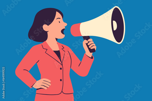 An Asian woman wearing pink pajamas stands against a plain blue background, holding a white megaphone and posing with a playful expression, implying a concept of announcement or communication