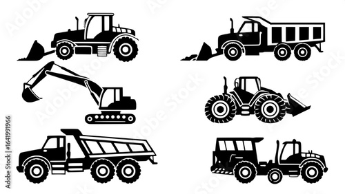 "Uniform black silhouettes of various heavy-duty construction vehicles, clean side views, organized in rows and columns, flat white background, industrial reference style."