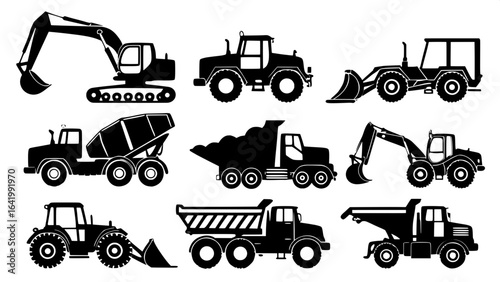 "Uniform black silhouettes of various heavy-duty construction vehicles, clean side views, organized in rows and columns, flat white background, industrial reference style."