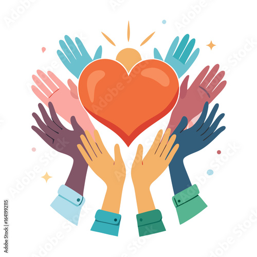 Diverse Hands Holding Glowing Heart Symbolizing Kindness and Unity Vector Illustration