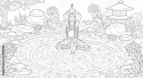 Zen Garden Yoga Pose Calm and Serene Illustration for Mindfulness and Wellness