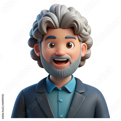 3d cartoon man with gray curly hair and beard isolated on transparent background