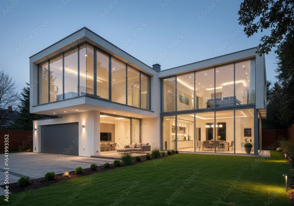 Modern luxury residence with expansive glass walls and green lawn Modern luxury residence with expansive glass walls and green lawn