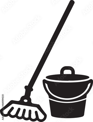 Cleaning mop and bucket icon silhouette