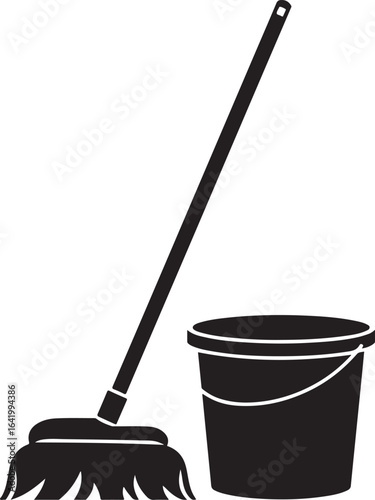 Cleaning mop and bucket icon silhouette