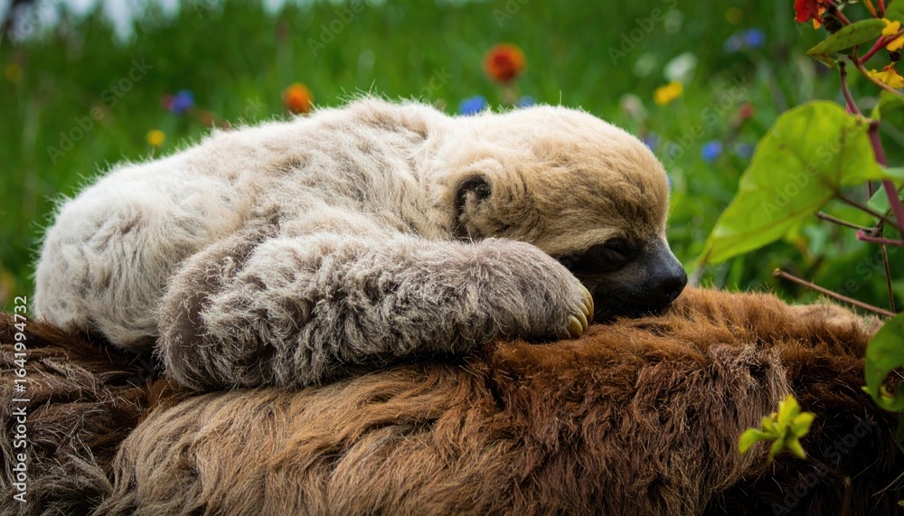 Obraz premium A light-colored baby sloth sleeps on the back of a darker, larger sloth in a grassy area with flowers.