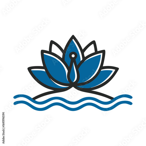 Blue lotus flower icon floating on stylized waves  