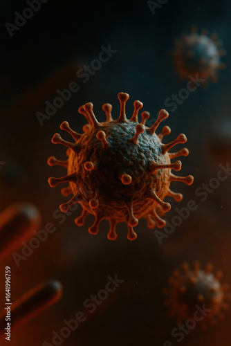 Close up of a virus particle with spikes in dark background showing realistic microscopic view of viral infection