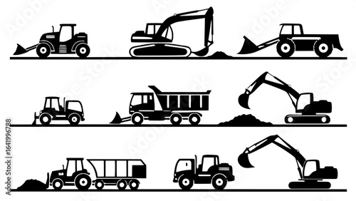 "Simple black outline silhouettes of heavy construction equipment, side view only, including excavators, dump trucks, bulldozers, and cranes, arranged evenly in rows and columns."
