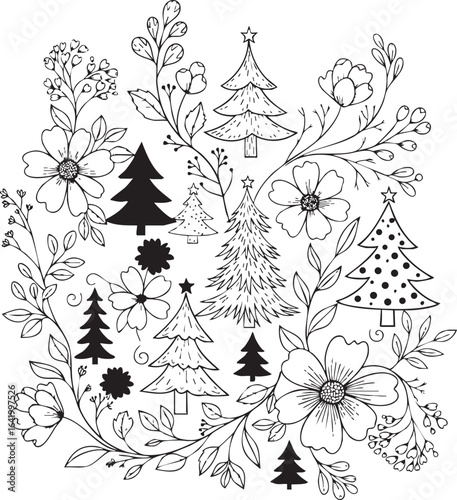 christmas, christmas tree, pattern, flower, vector, floral, design, seamless, vintage, illustration, ornament, decoration, art, wallpaper, nature, decor, texture, element, flowers, mandala, leaf, retr