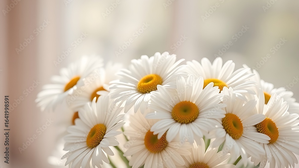 Obraz premium Fresh daisy bouquet bathed in soft sunlight, showcasing delicate pastel petals.