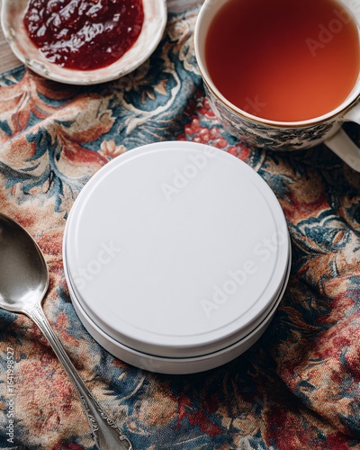 White Round Container on Ornate Fabric with Tea and Jam