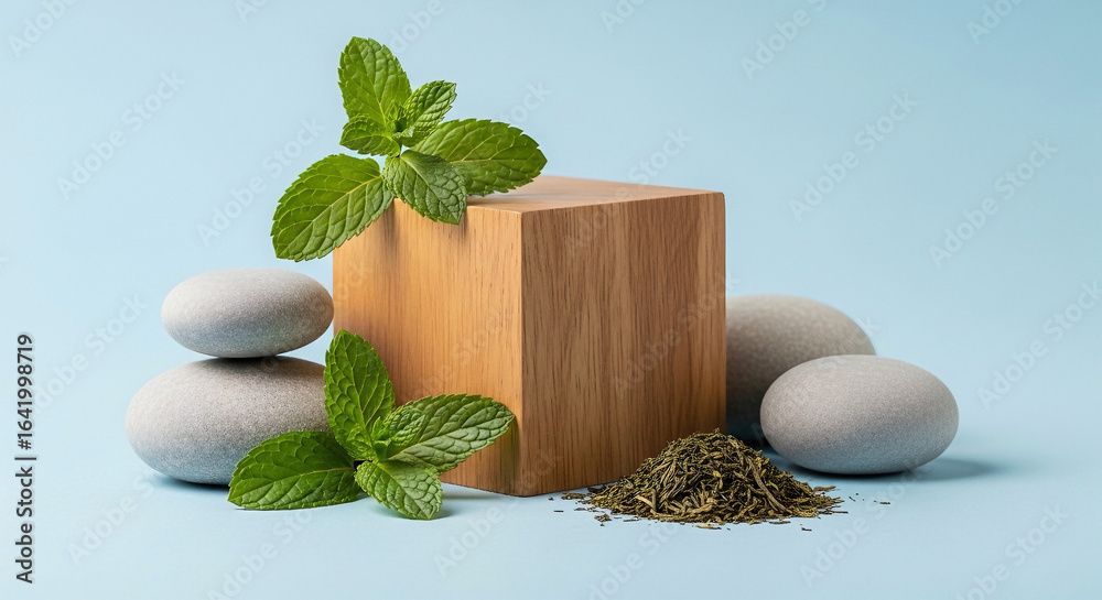 Wooden cube with smooth stones and fresh mint leaves wooden block pebble Wooden cube with smooth stones and fresh mint leaves wooden block pebble