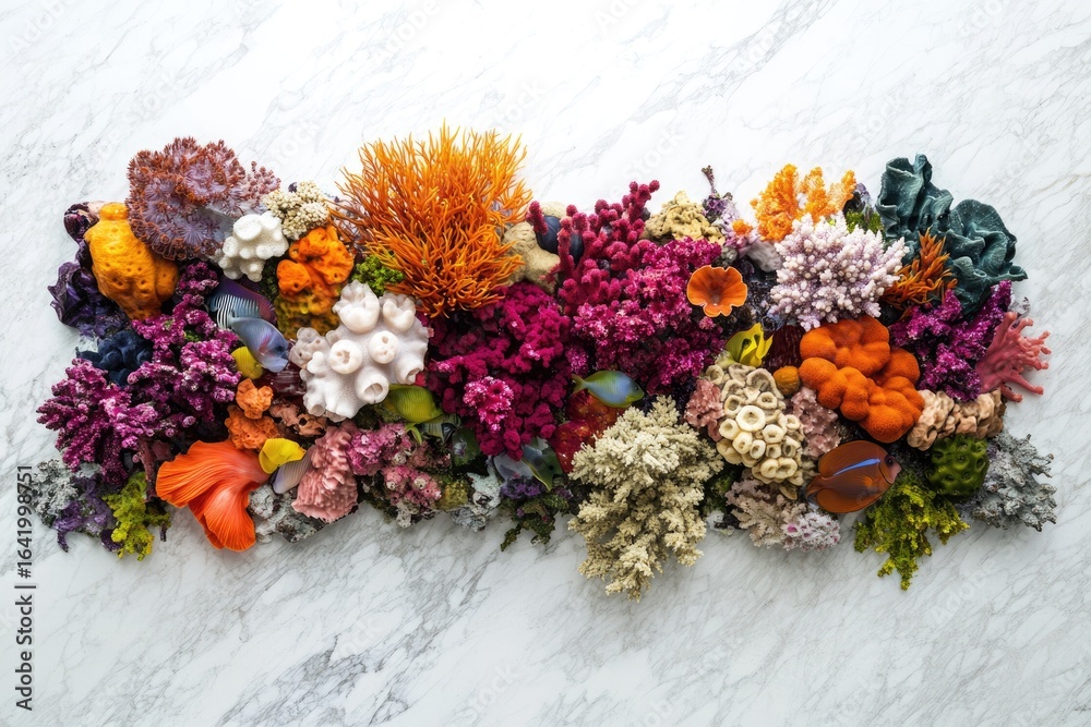 Obraz premium Vibrant coral reef display showcasing diverse species and colors, a breathtaking underwater scene.