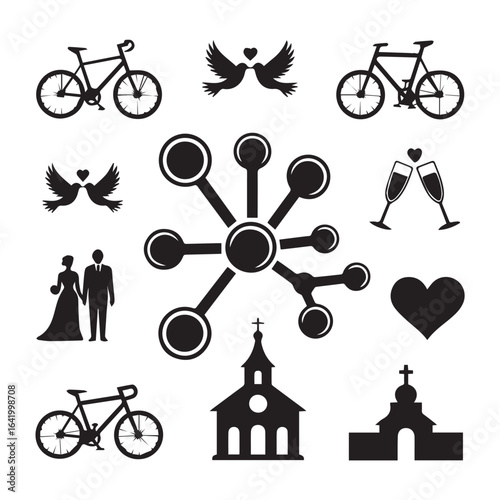 Collection of wedding and love symbols, bicycles, churches, and a molecule structure, isolated on white background