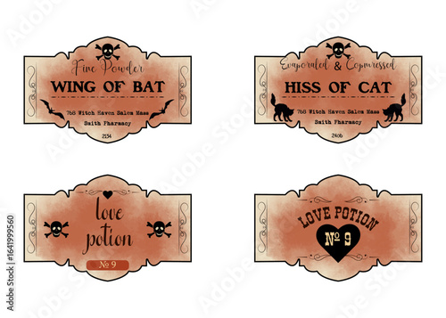 Labels for halloween gift decorating, stickers for sketchbooks and more. Love potion labels. Gloomy poison stickers.