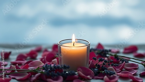 A solitary white candle burning amidst rose petals and lavender, casting a tranquil glow against a soft blue backdrop.