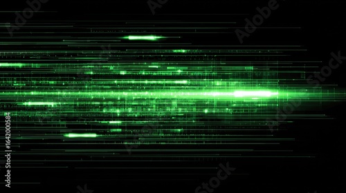 Abstract digital data stream design with bright green lines.