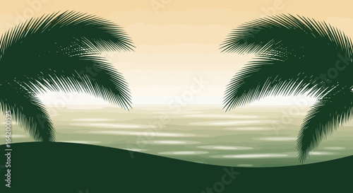 Tropical landscape with palm trees at sunset in a vector style  