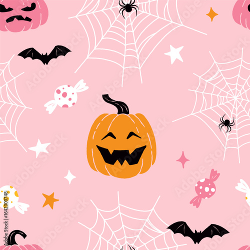 Cute seamless Halloween pattern. Jack o lantern, bats, spiders on spider webs, candies and stars on pink background. Halloween celebration concept for design and print