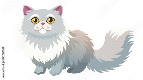 Cute grey cat with fluffy fur sitting on transparent background  