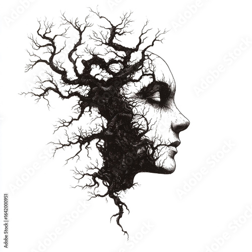 Black ink drawing of a woman's profile merging with a gnarled tree face branches
